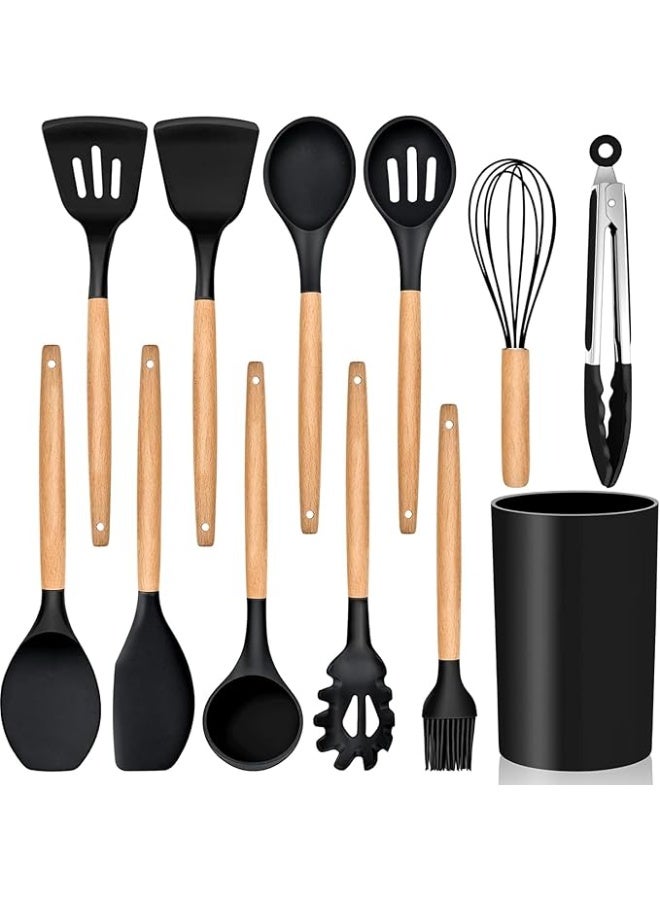 BIG CLICK 12 Pcs Silicone Cooking Utensil Kitchen Set with Organizer Cup Holder, Kitchen Utensils Set with Wood Handles for Nonstick Cookware Set, Great Kitchen Tools - Image 2